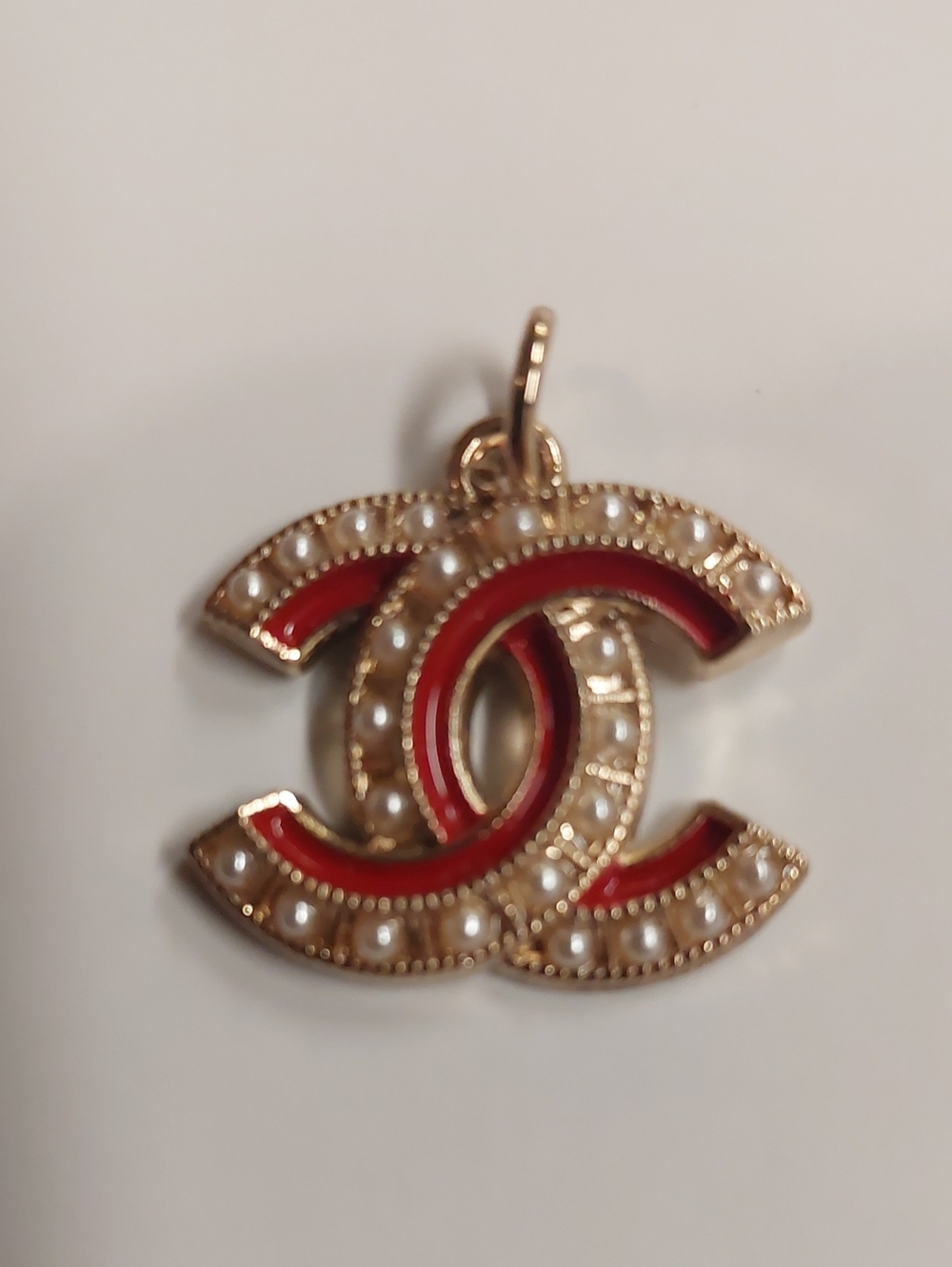 CC Gold Interlocking Charm Pendant with Red Enamel and Pearls